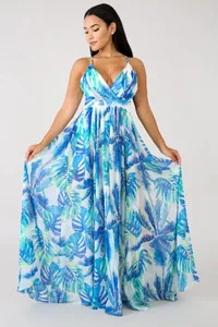 Full-length view of a deep V-neck backless chiffon maxi dress with blue palm leaf print