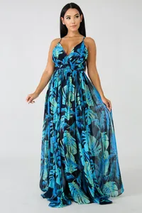Full-length elegant deep V-neck chiffon maxi dress with tropical blue leaf print