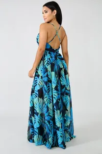 Back view of tropical leaf print backless chiffon maxi dress for summer vacation