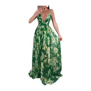 Detailed view of a green floral deep V-neck chiffon maxi dress with backless design