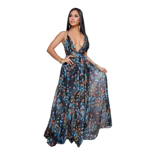 Elegant deep V-neck backless floral chiffon maxi dress with vibrant colorful print