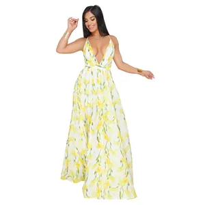 Elegant deep V-neck backless chiffon maxi dress with vibrant yellow floral print