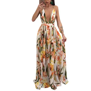 Bohemian style deep V-neck backless floral chiffon maxi dress for summer vacations