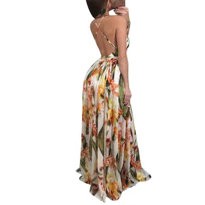 Elegant floral chiffon maxi dress featuring an open back and crisscross straps