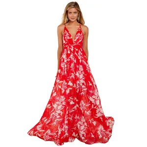 Elegant red floral chiffon maxi dress featuring a deep V-neckline and backless design