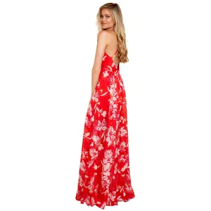 Back view detail of a vibrant red floral chiffon maxi dress with backless design