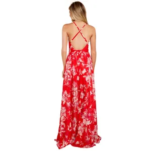 Back view of a vibrant red floral chiffon maxi dress featuring criss-cross back straps