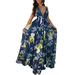 Detailed front view showing a deep V-neck floral print chiffon maxi dress on a model