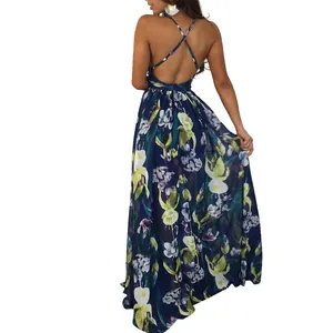 Back view of the floral chiffon maxi dress featuring elegant criss-cross backless straps