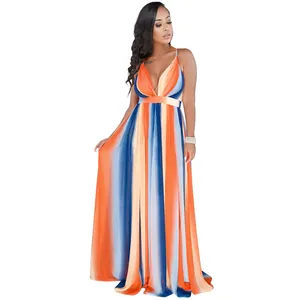 Full-length view of a vibrant multicolored striped chiffon maxi dress with deep V-neck.