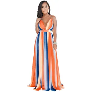 Detail view of elegant deep V-neck chiffon maxi dress with vibrant vertical stripes
