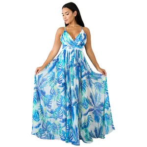 Detailed front view of women's deep V-neck backless tropical print chiffon maxi dress