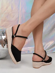Zwarte espadrillesandalen met sleehak voor dames met gevlochten touwzool vakantie