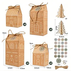 Set details of kraft paper gingerbread house Christmas gift boxes with advent stickers