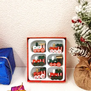 Adornos de Tren de Navidad de Madera Set de 6 Rojo Verde Blanco Locomotora de Madera Mini Tren para Decoración de Árbol de Navidad Regalo