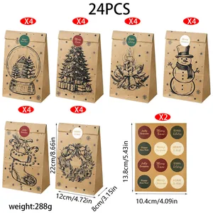 Lot de 24 sacs cadeaux de Noël en papier Kraft avec autocollants et tailles
