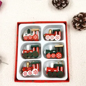 Set de 6 adornos decorativos de madera para el tren de Navidad en caja de regalo roja