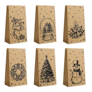 Six illustrations de Noël variées sur des sacs cadeaux en papier kraft marron
