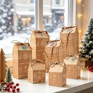 Christmas Gingerbread House Candy Box Kraft Paper Gift Box Set House Shaped Cookie Packaging Holiday Party Gift Decor