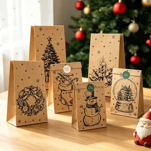Lot de sachets cadeaux de Noël en papier kraft avec divers motifs festifs et autocollants ronds