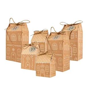 Christmas gingerbread house gift boxes made of brown kraft paper with numbers and twine