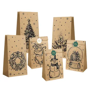 Lot de 12 sacs cadeaux de Noël en papier kraft avec illustrations festives manuelles