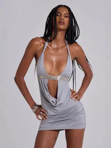 Sexy grey low-cut hollow-out bodycon dress for women featuring glitter band and ruched skirt