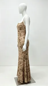 Side view of elegant floral spaghetti strap maxi dress with corset bodice detail.