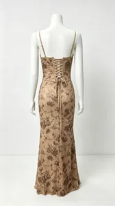 Detailed back view of an elegant brown floral maxi dress with lace-up corset design