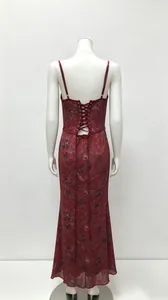 Detailed back view of an elegant burgundy floral print lace-up backless maxi dress