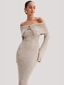 Elegant off-shoulder ribbed knit midi dress with a fold-over collar in oatmeal beige.