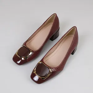 Gedetailleerde weergave van elegante bordeauxrode pumps met krokodillenprint en gesp