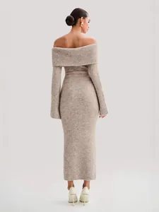 Elegant oatmeal beige off-the-shoulder ribbed knit maxi dress with long sleeves for women