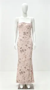 Elegant light pink floral print corset maxi dress with delicate spaghetti straps