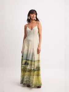 Robe longue élégante à fines bretelles avec imprimé paysage et décolleté en V flatteur