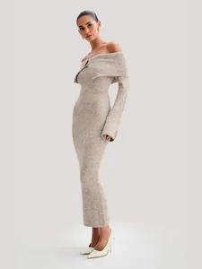 Elegant off-shoulder knitted maxi dress with fold-over collar and long sleeves