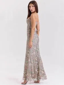 Elegant floral sequin embroidered evening gown with corset lace-up back detail