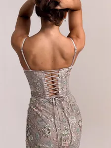 Elegant grey floral sequined evening dress featuring lace-up back and straps detail