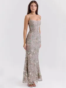 Elegant floral embroidered spaghetti strap maxi dress for evening party and formal events.