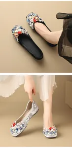 Detail view of women's velvet flats with colorful rhinestone toe embellishment