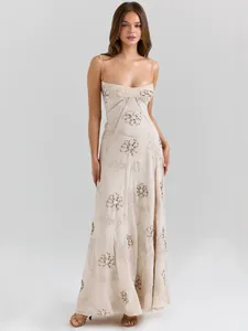 Occident Women Sexy Slim Fit Jacquard Floral Maxi Dress Halter V-Neck Spaghetti Strap Backless Lace-up Party Dress