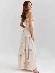 Elegant French vintage floral embroidered spaghetti strap maxi dress with lace-up back