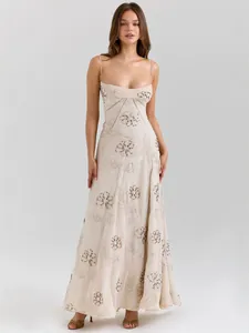 French vintage champagne embroidered spaghetti strap maxi dress with floral details
