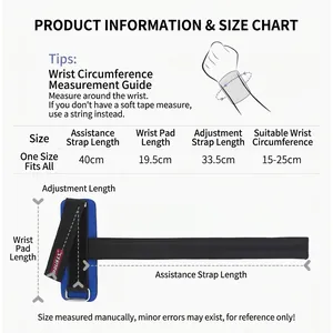 Professional weightlifting wrist straps with detailed sizing chart and measurement guide
