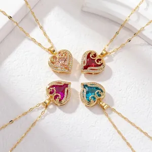 Collier Pendentif Cœur Vintage Pour Femmes Acier Titane Plaqué Or Zircone Paon Bijoux Mariage Saint Valentin Cadeau