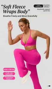 Action shot of woman in hot pink breathable sports bra and high-waisted yoga pants