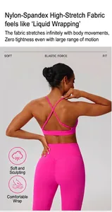 Close-up back view of a high-stretch hot pink sports bra and matching yoga leggings set