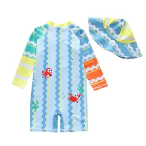 Boys UV protection one-piece swimwear set featuring cartoon sea creatures and matching sun hat