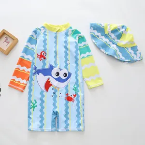 Kids one-piece sun protection swimsuit set with cartoon shark and matching hat