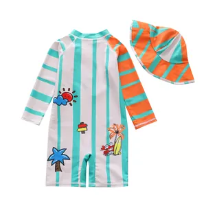 Children's quick-dry UV protection one-piece swimsuit set with matching bucket hat.